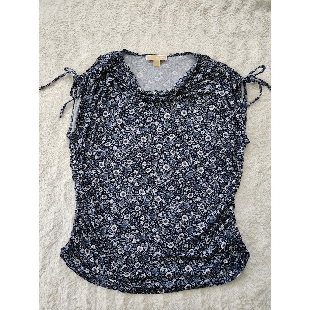 Michael Kors XL Top Blue Floral Draped Cowl Neck Ruched Sleeveless Blouse